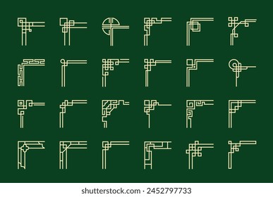 Set of Chinese frame corners. Traditional geometric patterns for decorating banners, posters and holiday cards. Asian style design elements. Outline flat vector collection isolated on green background