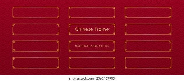 Set of Chinese frames in traditional style. Golden Asian frame on red background. Vector illustration. 