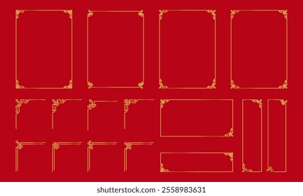 set of Chinese gold traditional ornament frame corner border art decoration on red backgound collection