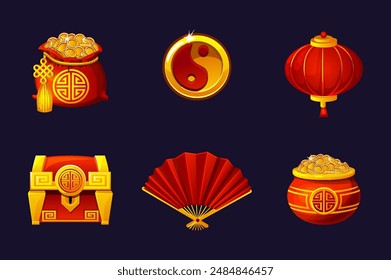 Set of Chinese golden-red icons. Chinese bag with coins, Yin Yan coin, red fan, lantern, Chinese pot, and treasure chest for your designs or 2D games