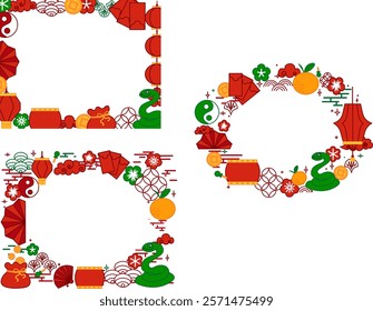 Set of Chinese graphic line oval frames with cute green Snake, red lanterns, green and red blossoms, mandarin, gold coin and red envelope. Vector template on transparent background
