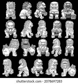 Set of Chinese guardian lions statue hand drawn illustration. Traditional Chinese architectural ornament made of stone. Stone lion or shishi made for protection harmful spiritual influences. Vector.