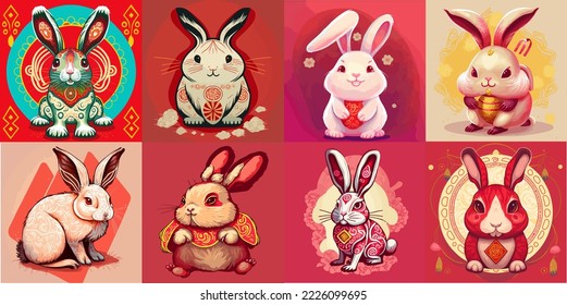 set of Chinese Happy new year 2023 with cute rabbit. Animal holidays cartoon character. Isolated on white background. year of the Rabbit zodiac sign.Lunar 2023 vector Rabbit art illustration