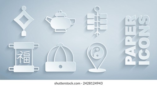 Set Chinese hat, Firework, New Year, Yin Yang symbol, tea ceremony and paper lantern icon. Vector