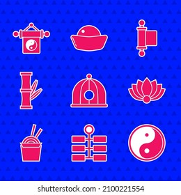 Set Chinese hat, Firework, Yin Yang, Lotus flower, Asian noodles paper box and chopsticks, Bamboo, Decree, paper, parchment, scroll and  icon. Vector