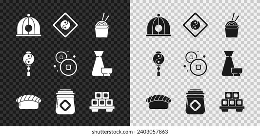 Set Chinese hat, Yin Yang, Asian noodles paper box and chopsticks, Sushi, Jar of honey, cutting board,  and Yuan currency icon. Vector