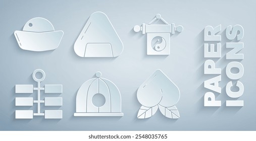 Set Chinese hat, Yin Yang, Firework, Peach fruit, Sushi and  icon. Vector