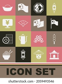 Set Chinese house, Meatballs on wooden stick, China flag flagpole, Yin Yang, or japanese folding fan, Yuan currency, Sushi and  icon. Vector