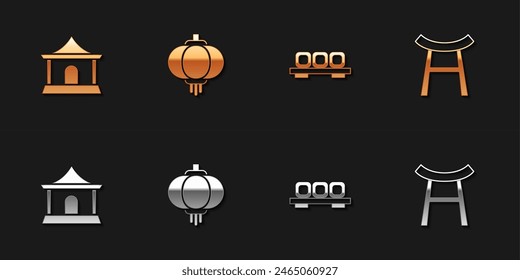 Set Chinese house, paper lantern, Sushi on cutting board and Japan Gate icon. Vector