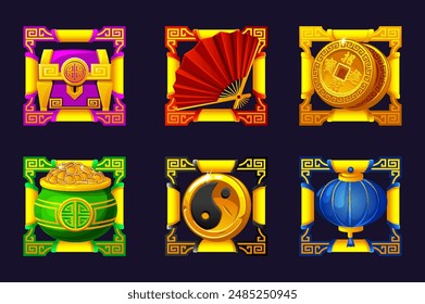 Set of Chinese icons in golden ornament frame. Chinese pot with coins, Yin Yan coin, lantern, good luck coin, Chinese fan, and treasure chest for your 2D games, casino or slot machines.