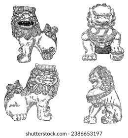 Set of Chinese Imperial guardian lions drawing. Traditional Chinese architectural statue ornament made of decorative stone, such as marble and granite or cast in bronze or iron. Vector.