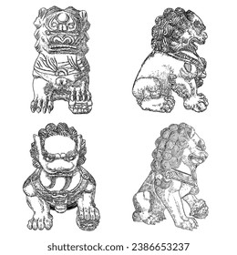 Set of Chinese Imperial guardian lions drawing. Traditional Chinese architectural statue ornament made of decorative stone, such as marble and granite or cast in bronze or iron. Vector.