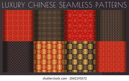 Set of Chinese, Japanese, Asian luxurious traditional decoration. Seamless patterns for new year greeting card wedding, interior and furniture. Oriental holidays, culture and arts. Flat vector icons.