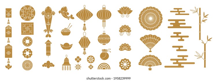 Set of Chinese, Japanese and Asian traditional decoration for new year greeting card wedding, interior and furniture. Oriental holidays, culture and arts. Flat vector icons.