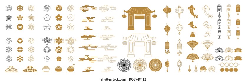 Set of Chinese, Japanese and Asian traditional decoration for new year greeting card wedding, interior and furniture. Oriental holidays, culture and arts. Flat vector icons.