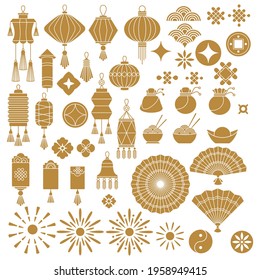 Set of Chinese, Japanese and Asian traditional decoration for new year greeting card wedding, interior and furniture. Oriental holidays, culture and arts. Flat vector icons.