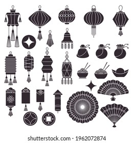 Set of Chinese, Japanese and Asian traditional decoration for new year greeting card wedding, interior and furniture. Oriental holidays, culture and arts. Flat vector icons.