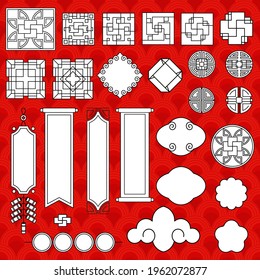 Set of Chinese, Japanese and Asian traditional decoration for new year greeting card wedding, interior and furniture. Oriental holidays, culture and arts. Flat vector icons.