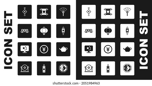 Set Chinese or japanese folding fan, paper lantern, Sushi on cutting board, Decree, paper, parchment, scroll, tea ceremony and China flag icon. Vector