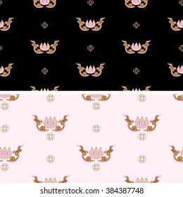 Set Chinese or Japanese pattern background texture. Asian style. Floral pattern with stylized lotus and leaves on black and pink background.