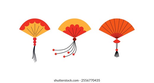 Set of chinese or japanese traditional paper hand fan. Vector flat illustration of asian accessory