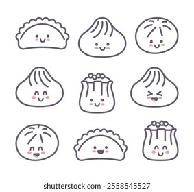 Set of Chinese kawaii dumplings. Xiao Long Bao, Siu Mai, Baozi. Vector stylized line art elements