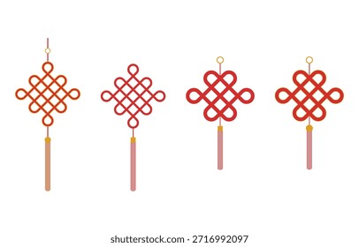 Set of  Chinese knot icon in red and gold isolated on white background.Lunar new year symbol.China Spring Festival element.Collection of lucky charms clipart vector graphic illustration.