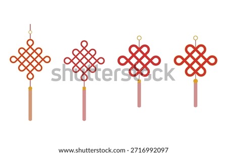Set of  Chinese knot icon in red and gold isolated on white background.Lunar new year symbol.China Spring Festival element.Collection of lucky charms clipart vector graphic illustration.