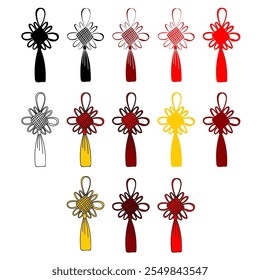 Ein Satz chinesischer Knoten in verschiedenen Farbvariationen. Einfache Silhouette, schwarze Kontur, gelb, rot, Bordo. Chinesische Knotenform. Chinesische Mond-Neujahrsfeier. Design Art Elemente