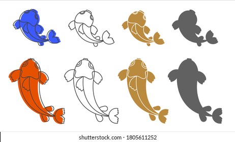 Set of Chinese koi carps. For traditional greeting cards. Silhouette and contour of fish. A symbol of the new year, happiness and good luck. Flat vector outline icons.