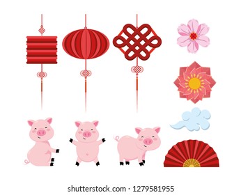 set chinese lamps with flowers and fan with pigs