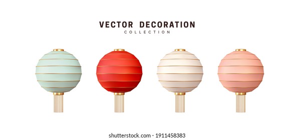 Set of Chinese lantern. Decorations for Chinese New Year. Celebrate Lantern Festival. Collection Realistic Decorative 3d render object. Element for design Traditional Asian decor. Vector illustration