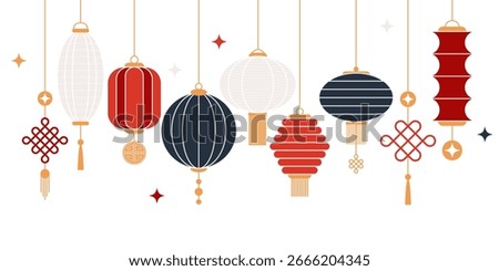 Set of Chinese lanterns. Banner template for Chinese New Year or Mid Autumn Festival. Minimalistic geometric flat design. Vector illustration