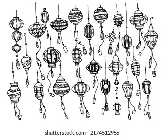 eine Reihe chinesischer Laternen, handgezeichnet in Skizze. Japanische Vektorsymbole von isolierten Elementen von Papier Straßenlaternen schwarz isoliert Umriss. hängende Laternen im traditionellen asiatischen Stil.