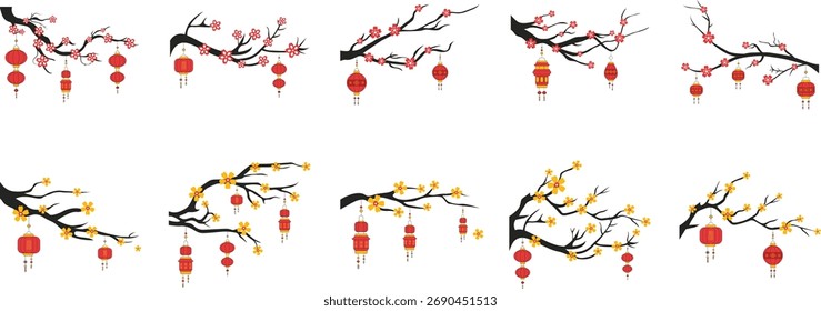 Conjunto de linternas chinas colgando de ramas de árbol