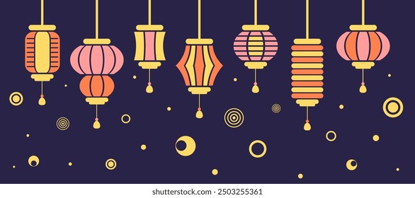 Conjunto de linternas chinas. Año Nuevo chino, fondo del Festival de Otoño Medio, Anuncio y tarjeta de felicitación. Diseño geométrico minimalista plano