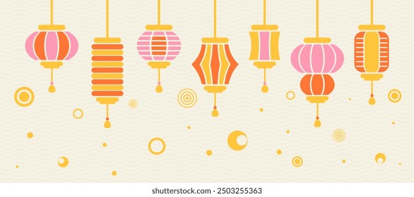 Conjunto de linternas chinas. Año Nuevo chino, fondo del Festival de Otoño Medio, Anuncio y tarjeta de felicitación. Diseño geométrico minimalista plano