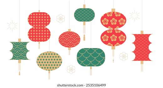 Conjunto de linternas chinas. Año Nuevo chino, colección de Elementos del Festival de Otoño Medio para Anuncio y tarjeta de felicitación. Diseño geométrico minimalista plano. Ilustración vectorial