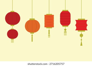 Conjunto de linternas chinas, año Nuevo chino, fondo del festival de mediados de otoño, Anuncio y tarjeta de felicitación. Diseño geométrico minimalista plano.
