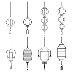 Set Of Chinese Lanterns Outline Isolated On White Background. Chinese Lanterns Icon. Vector Illustration. Elements For Design. Chinese Lanterns Line Art.