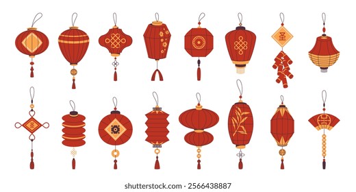 Set of Chinese lanterns or vector China decorations. Icon collection of Asian decoration or eastern lamp clipart. Traditional decor for holiday celebration CNY. New year ornament, festoon for Asia.