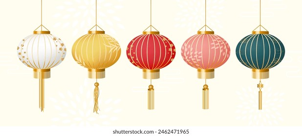 Set of Chinese lanterns white, yellow, red, pink and green colors vector in different patterns. Chinese lamp vector elements for decoration.