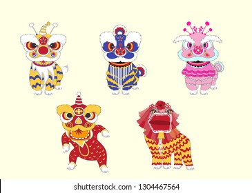 Set of chinese lion dance for Chinese new year 2019,Craft style, cards, poster, template, greeting cards, animals, pig, Vector illustrations 
