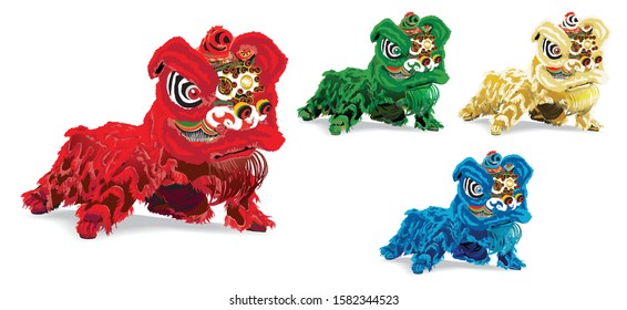 Set Of Chinese Lion Dance On White Background. Vector Illustration.