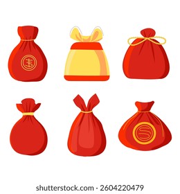 Set of chinese lucky bags isolated vector flat  golden and red illustration