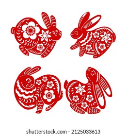 Set of Chinese Lunar New Year Rabbit silhouettes. Isolated Icons With Animals Of Asian Zodiac. Red Papercut Rabbits With Oriental Flower Ornaments, Chinese New Year Design Vector simple illustration