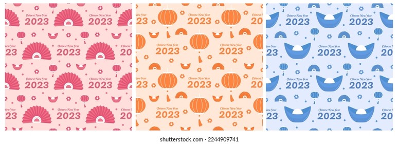 Set of Chinese Lunar New Year 2023 Days Seamless Pattern Decoration Template Hand Drawn Cartoon Flat Illustration