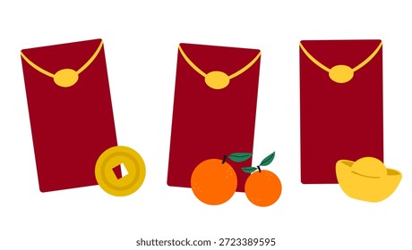 Set of Chinese Lunar New Year lucky money red envelopes and symbols of prosperity