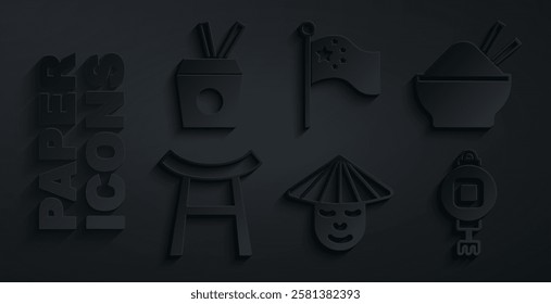 Set Chinese man, Rice bowl with chopstick, Japan Gate, paper lantern, China flag on flagpole and Noodles box and chopsticks icon. Vector