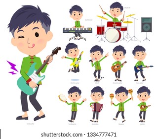 A set of Chinese men playing rock 'n' roll and pop music.There are also various instruments such as ukulele and tambourine.It's vector art so it's easy to edit.
